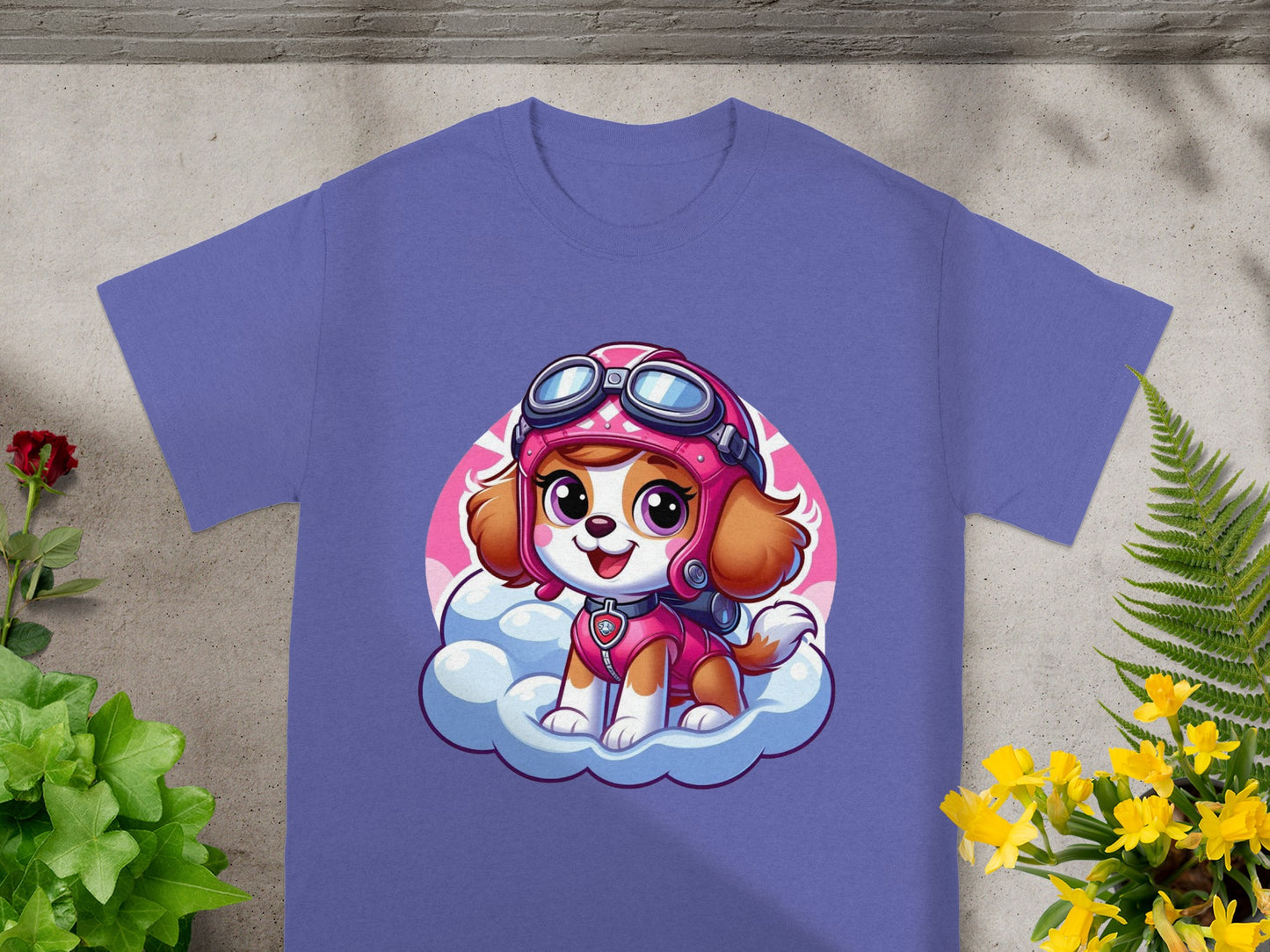 Paw Patrol Skye dog wearing aviator goggles and pink uniform, sitting on a cloud.