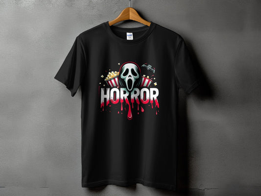 Black t-shirt with a scream mask, popcorn, and the word HORROR with dripping blood.