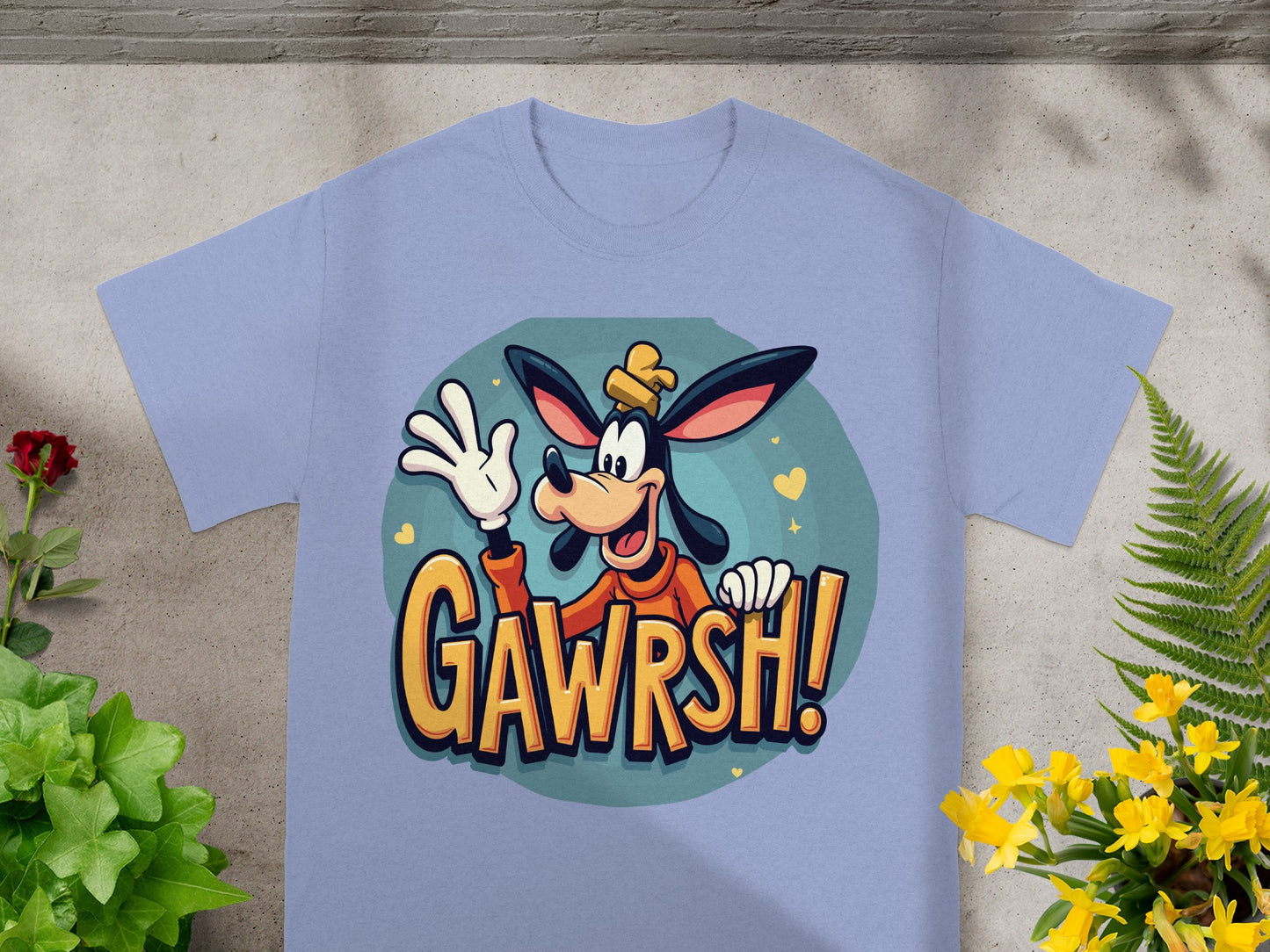 Light purple t-shirt with Goofy character and "GAWRSH!" text.