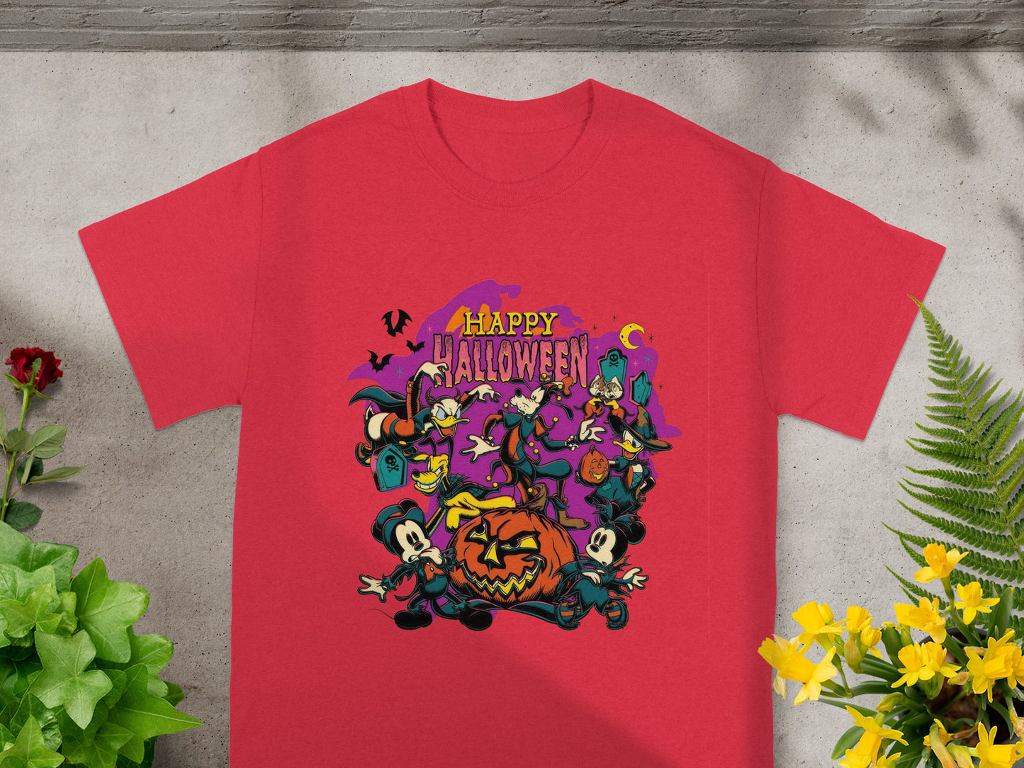 Red t-shirt with cartoon characters and "Happy Halloween" text.