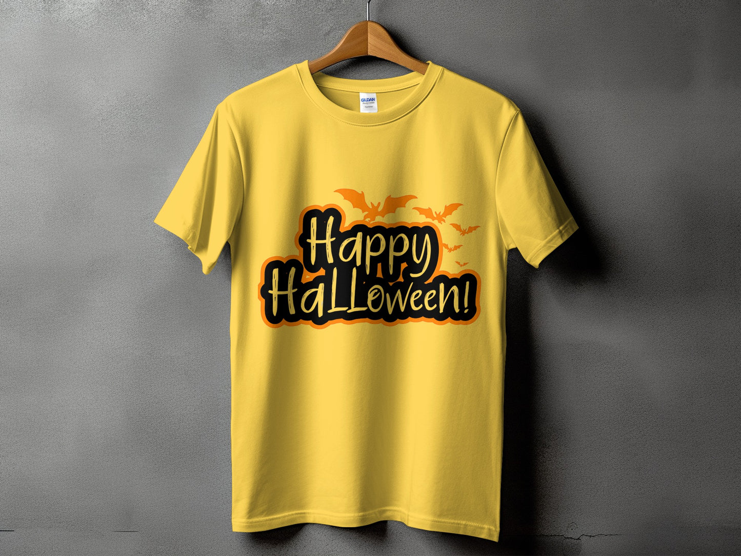 Yellow t-shirt with "Happy Halloween!" text and bats graphic.