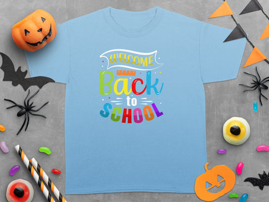Light blue t-shirt with "Welcome Back to School" text in colorful letters.