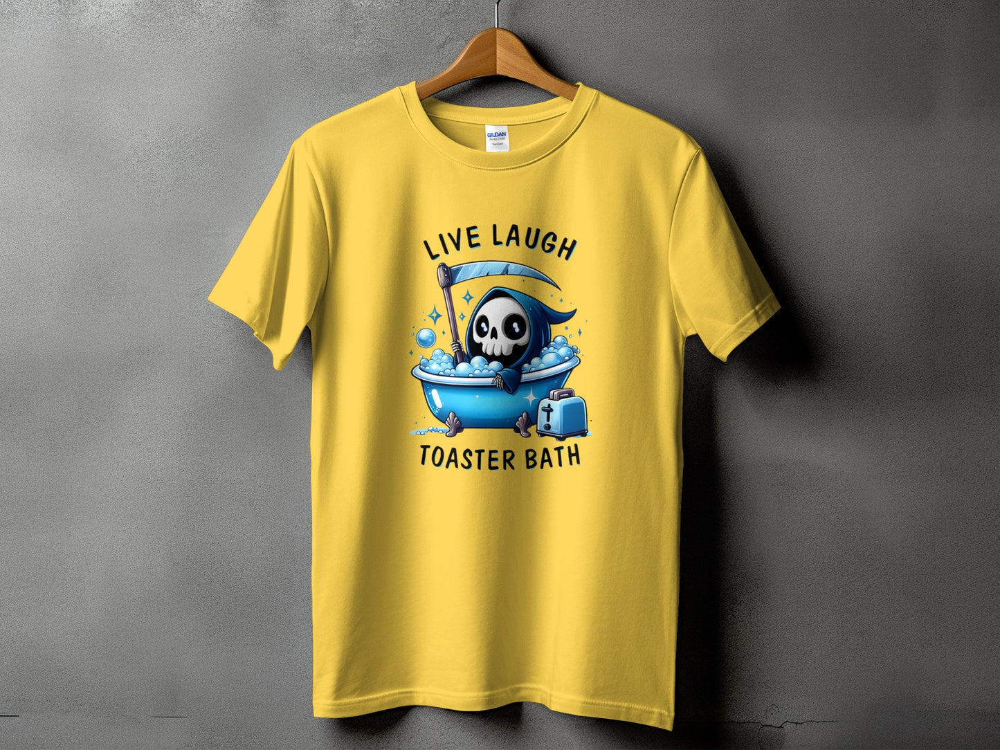 Yellow t-shirt with Grim Reaper in bathtub and text "LIVE LAUGH TOASTER BATH".