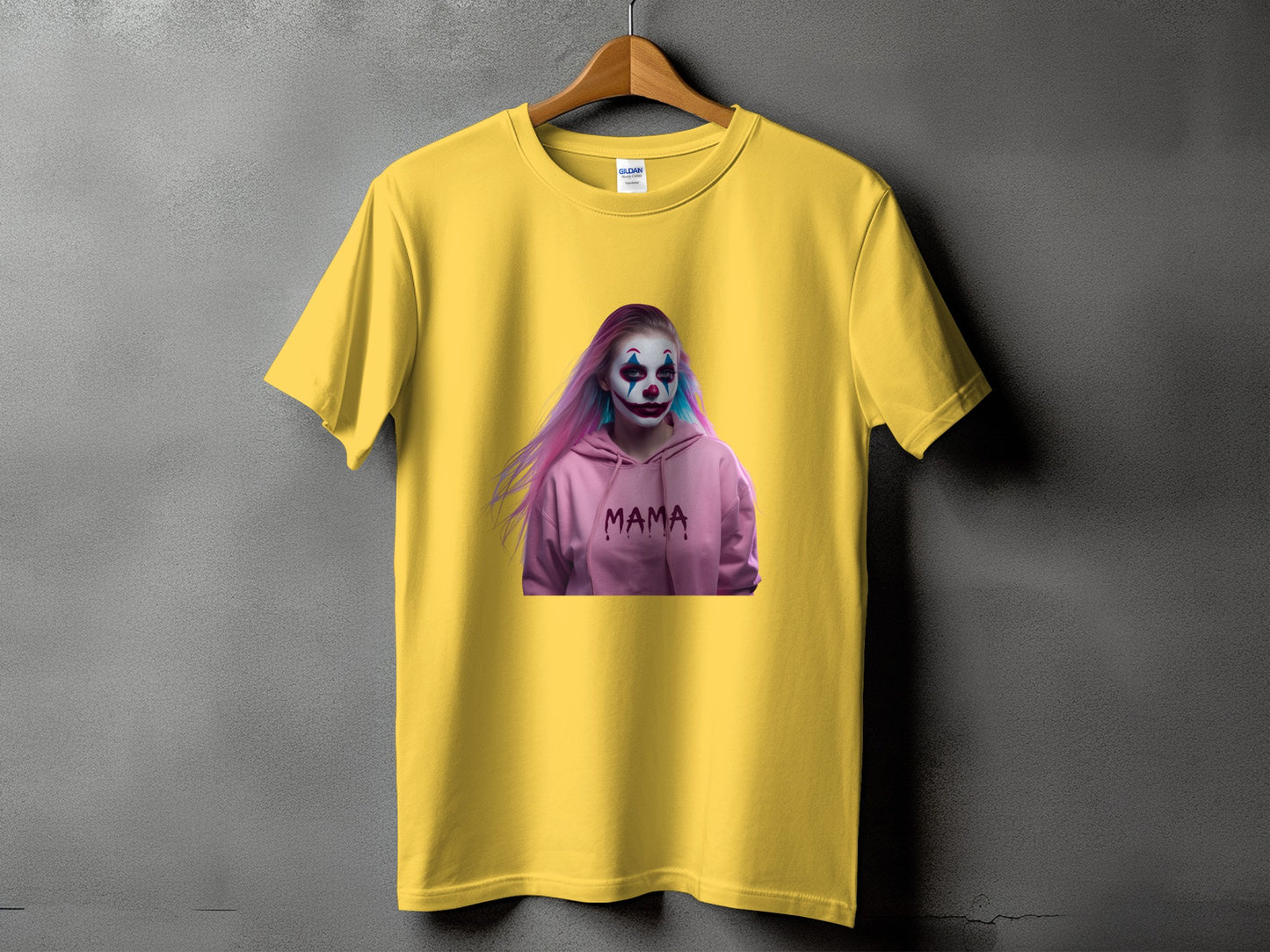 Yellow t-shirt featuring a person in clown makeup and a hoodie with "MAMA" text.