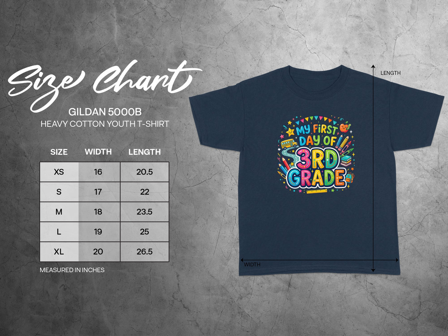 Gildan 5000B youth t-shirt size chart with "My First Day of 3rd Grade" graphic.