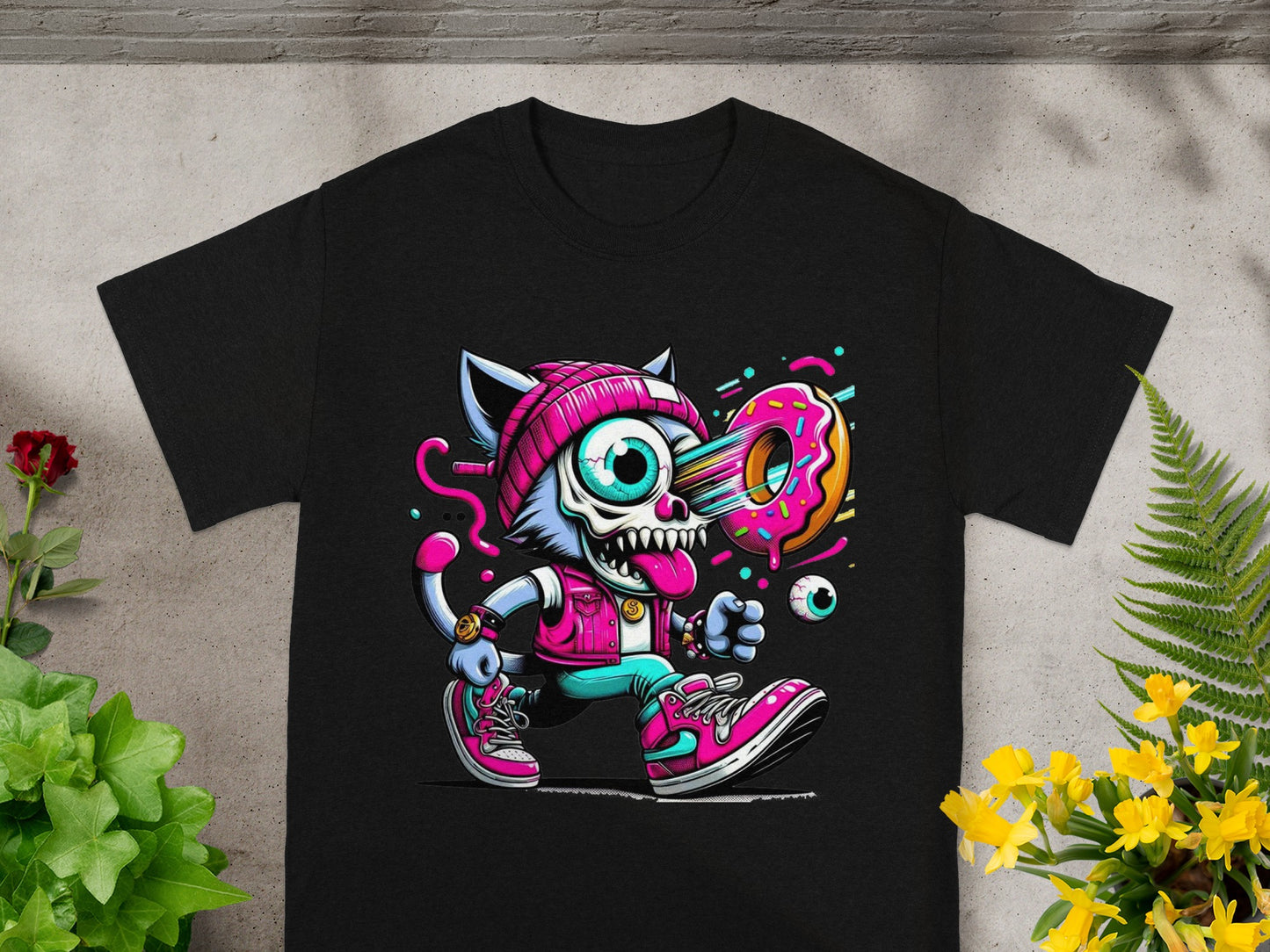 Colorful Cat with Donut Design on Black T-shirt