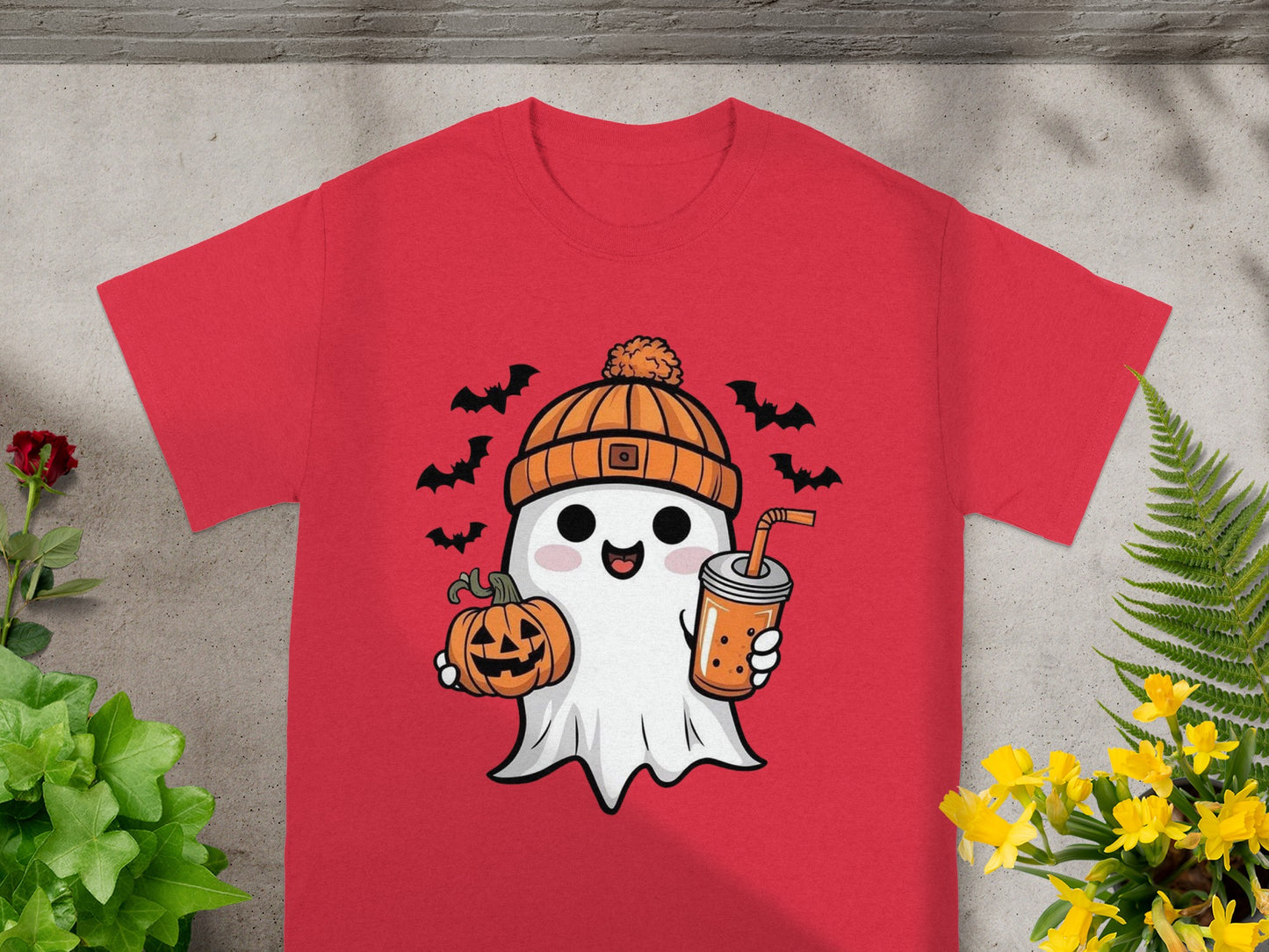 Red t-shirt with ghost, pumpkin, boba drink, and bats Halloween graphic.