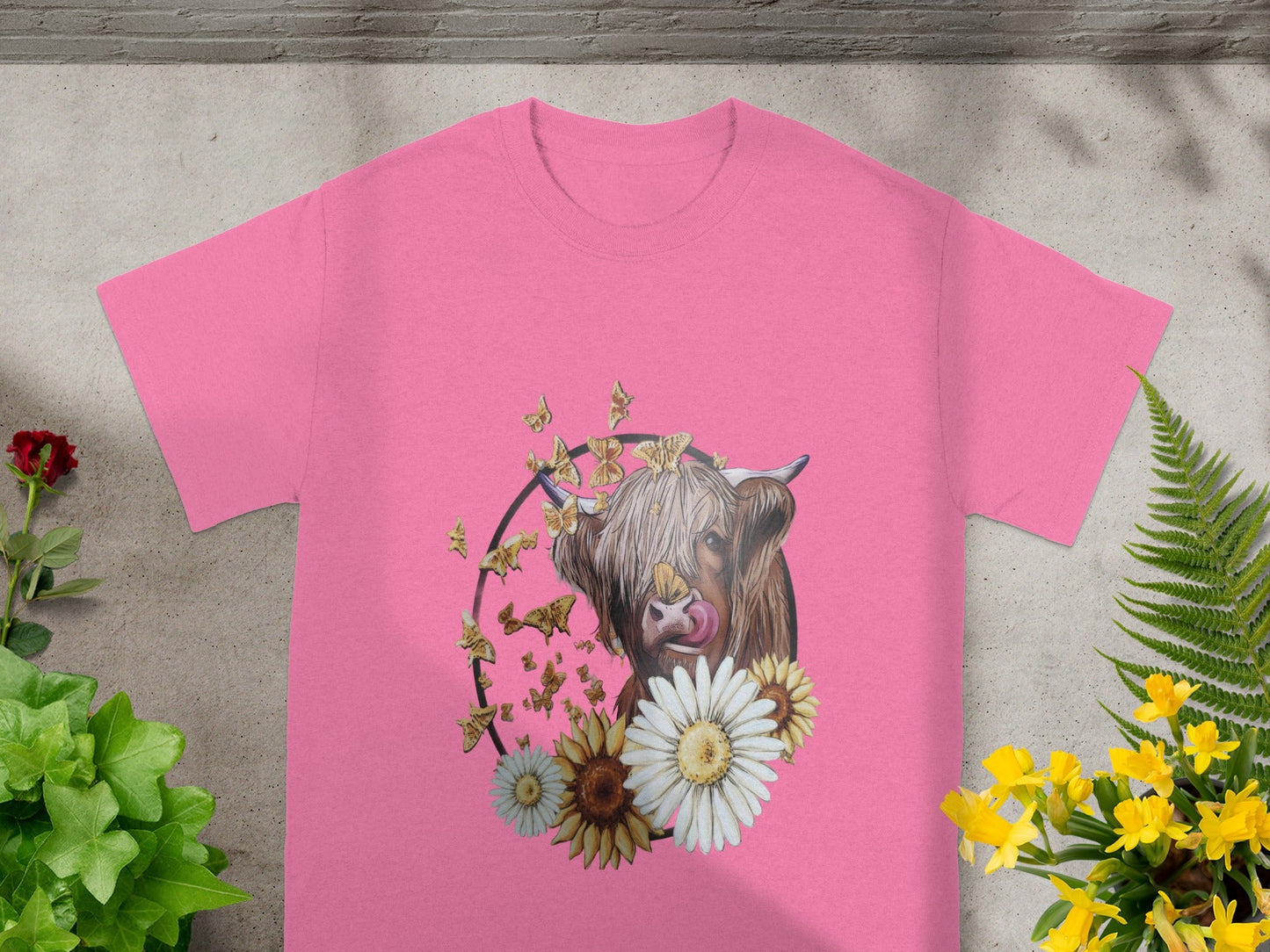Highland Cow with Daisies and Butterflies Shirt