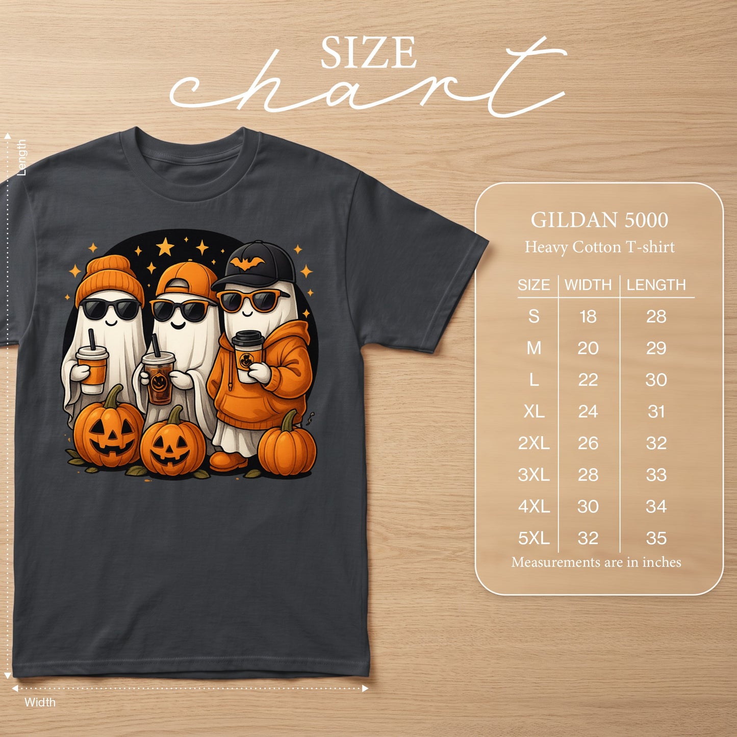 Gildan 5000 Heavy Cotton T-shirt size chart with ghost Halloween graphic.