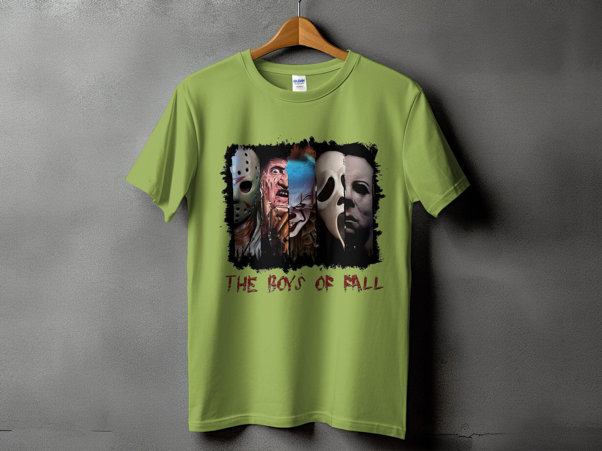 Lime green t-shirt with horror movie villains and text "The Boys of Fall".