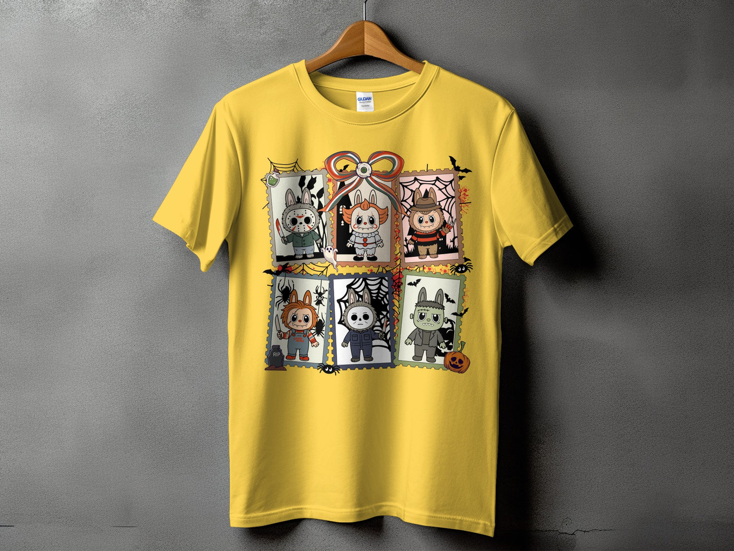 Yellow t-shirt with a Halloween-themed graphic featuring six cartoon characters.