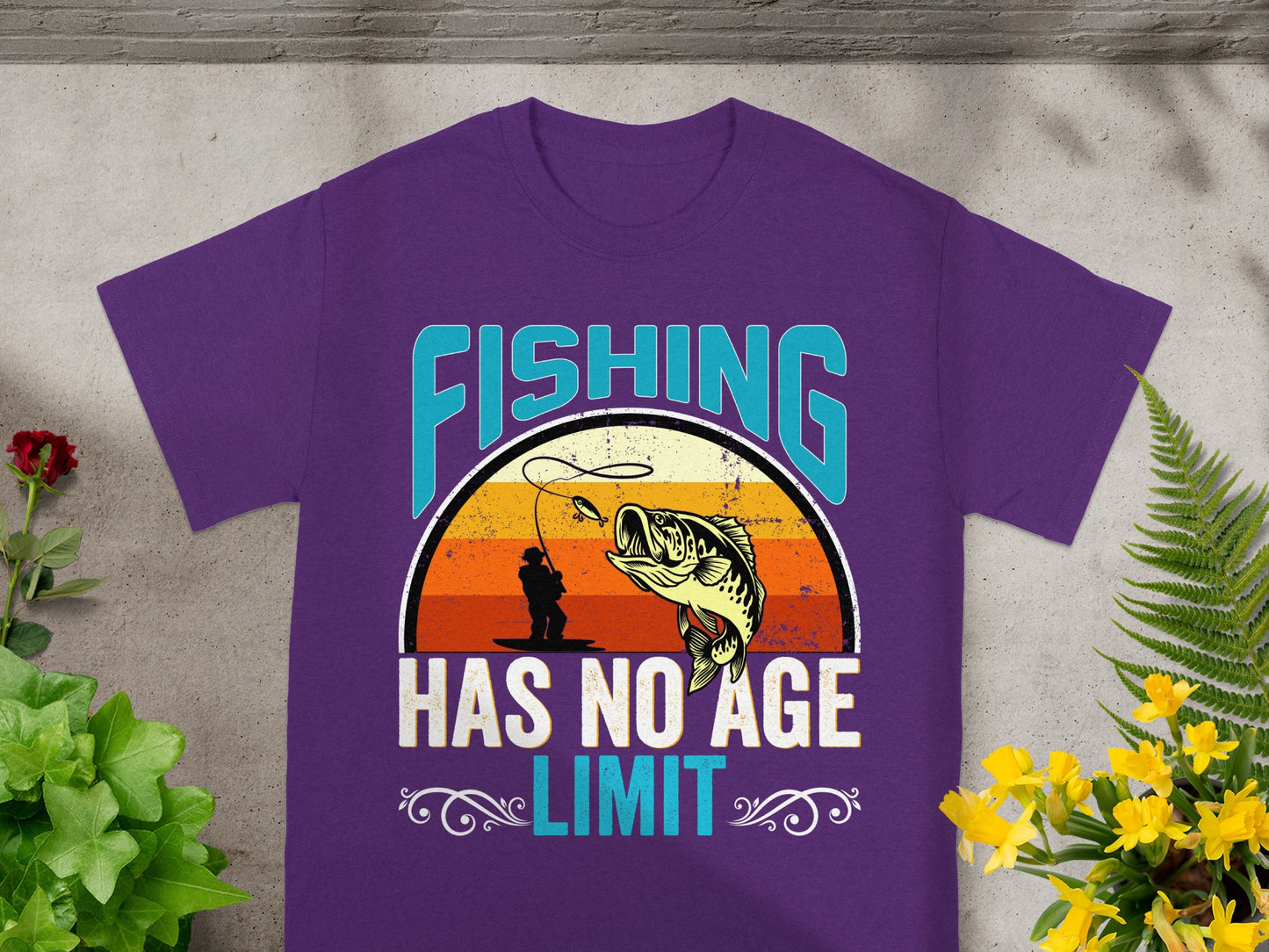 Purple t-shirt with "FISHING HAS NO AGE LIMIT" text and fishing graphic.