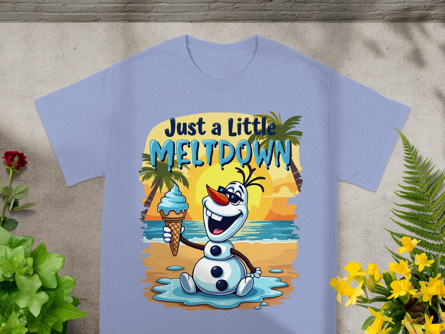 Olaf from Frozen holding an ice cream cone on a beach, text "Just a Little Meltdown".