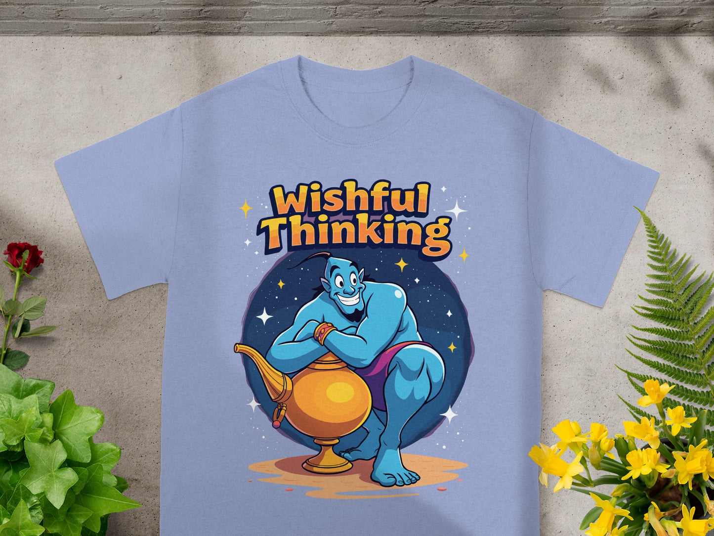 Blue genie crouches beside a golden lamp with "Wishful Thinking" text.