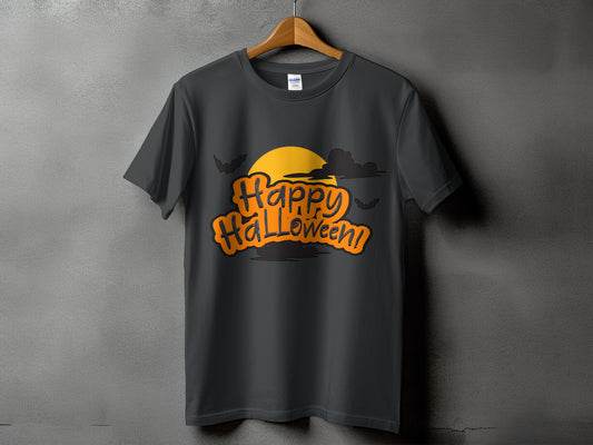Dark gray t-shirt with orange "Happy Halloween!" text and Halloween graphic.