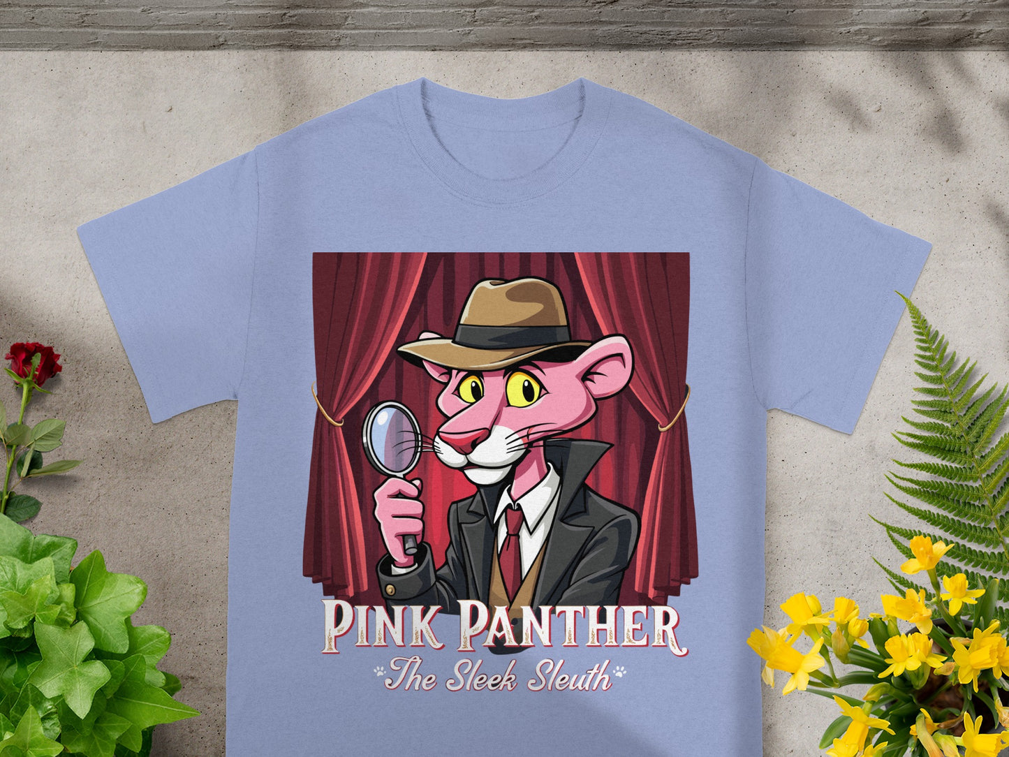 Pink Panther wearing a hat and suit holds a magnifying glass in front of red curtains.