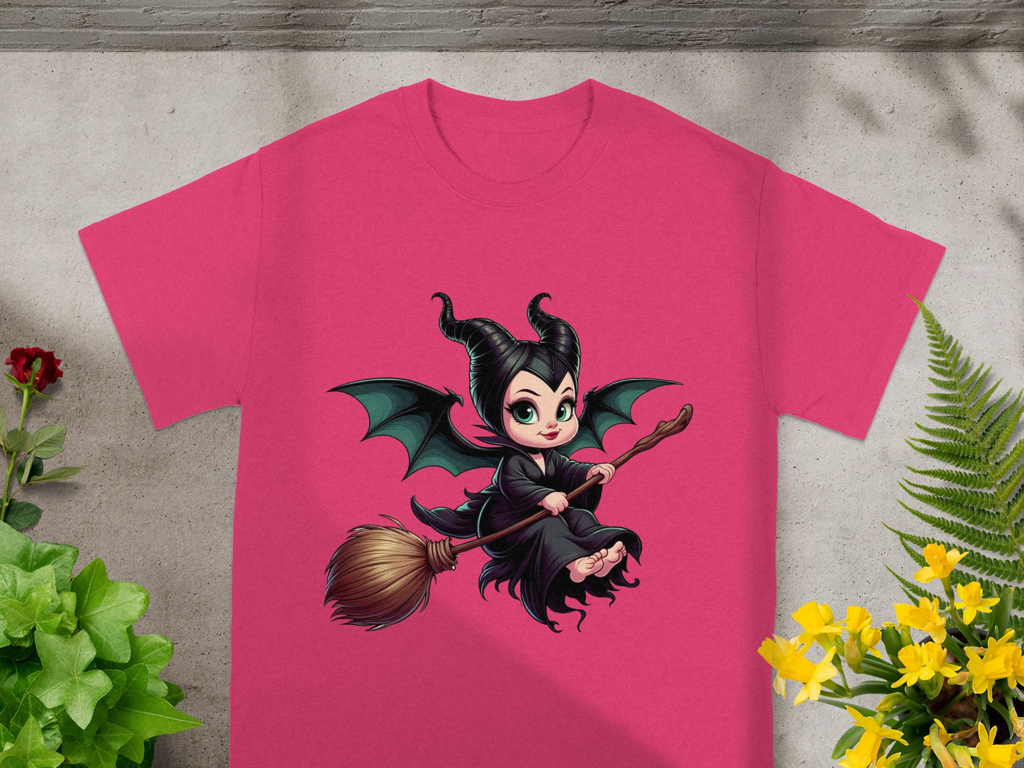 Child-like Maleficent character with wings flying on a broomstick.