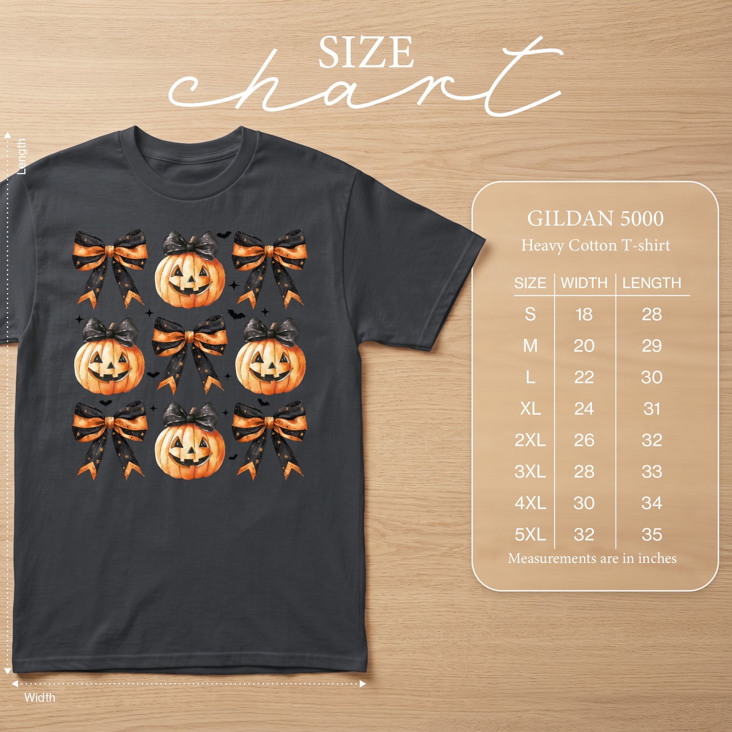 Dark grey t-shirt with repeating jack-o'-lantern and bow pattern and Gildan size chart.