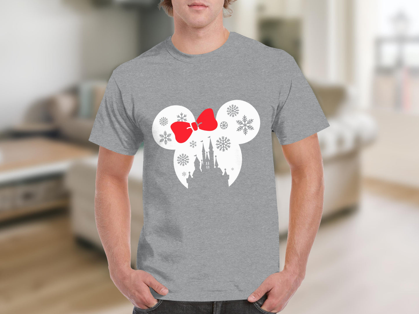 Mickey Ears Snowflakes Red Bow Castle Graphic T-shirt