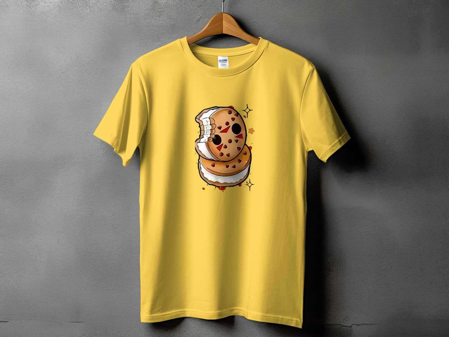 Yellow t-shirt with a stacked cookie monster graphic on the front.