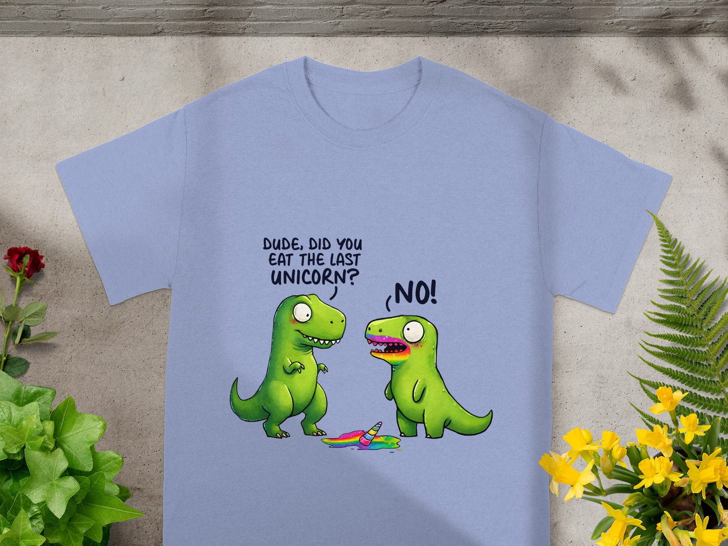 Two dinosaurs look at a puddle with a unicorn horn and rainbow.