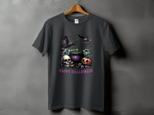 Dark gray t-shirt with Halloween graphic featuring cauldron, skull, pumpkin, and bats.