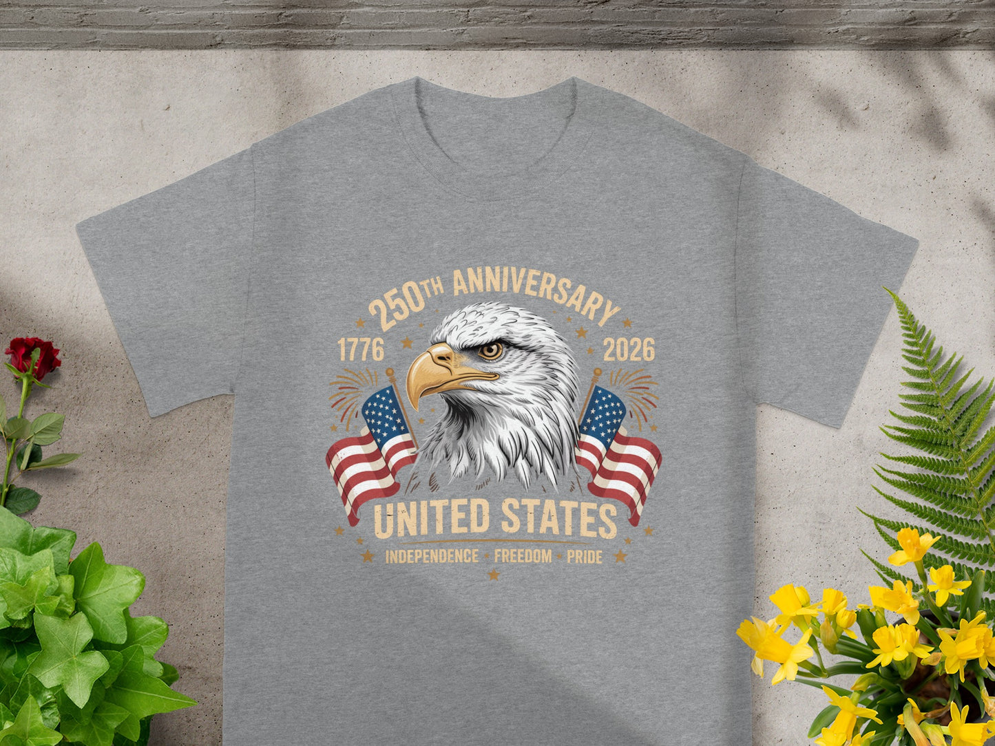 Grey t-shirt with eagle, flags, and "250th Anniversary United States 1776-2026" text.