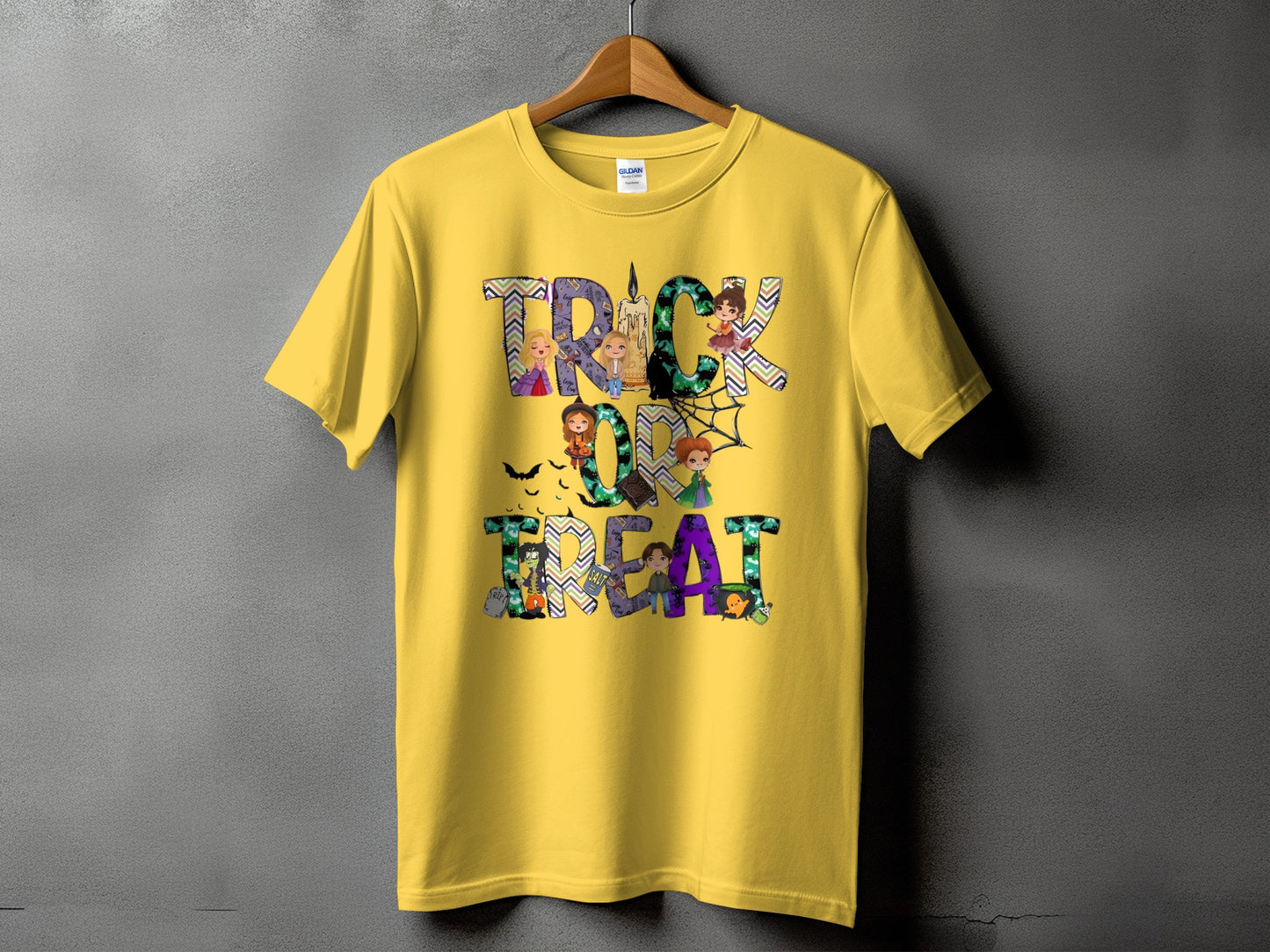 Yellow t-shirt with "Trick or Treat" text and Halloween-themed characters.