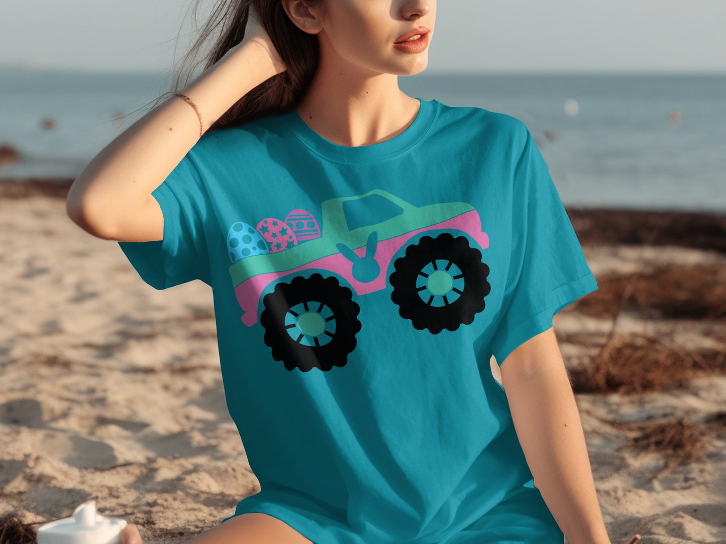 Easter Eggs Monster Truck Design on Blue Shirt