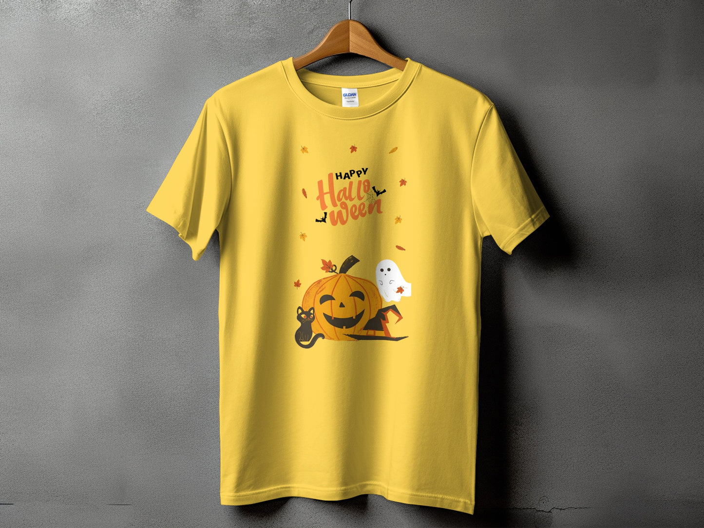 Yellow t-shirt with "Happy Halloween" text, pumpkin, ghost, cat, and hat graphic.