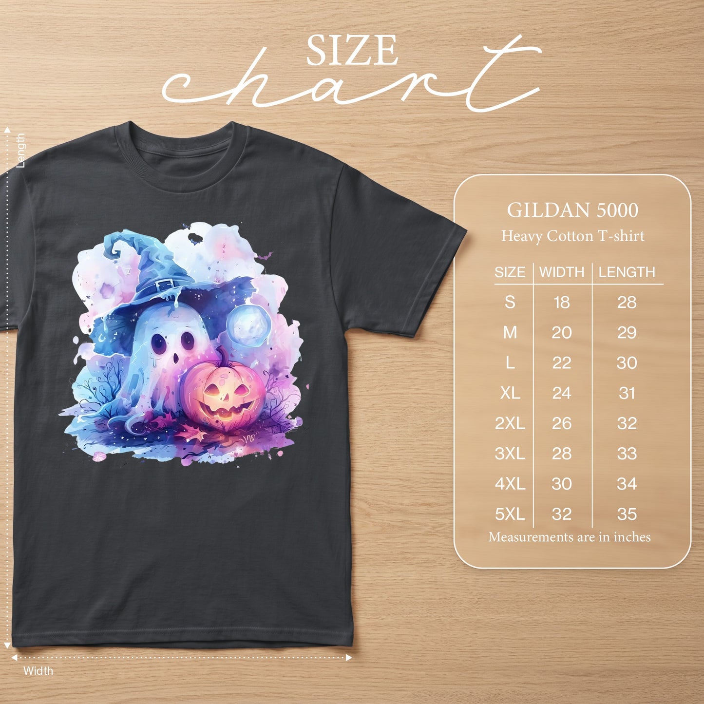 Dark gray t-shirt with watercolor ghost, pumpkin, and moon design and size chart.