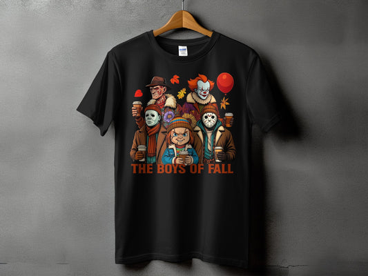 Horror characters holding coffee cups with text "The Boys of Fall."