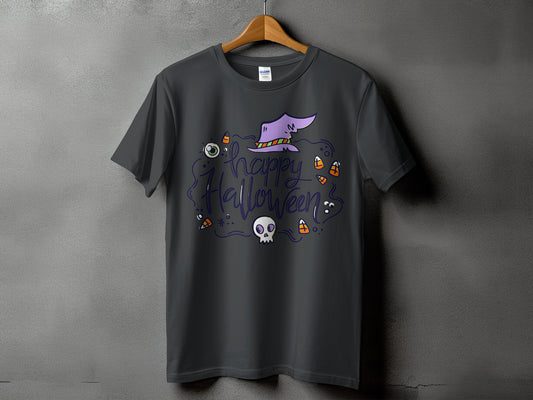 Dark gray t-shirt with a purple witch hat and "Happy Halloween" text.