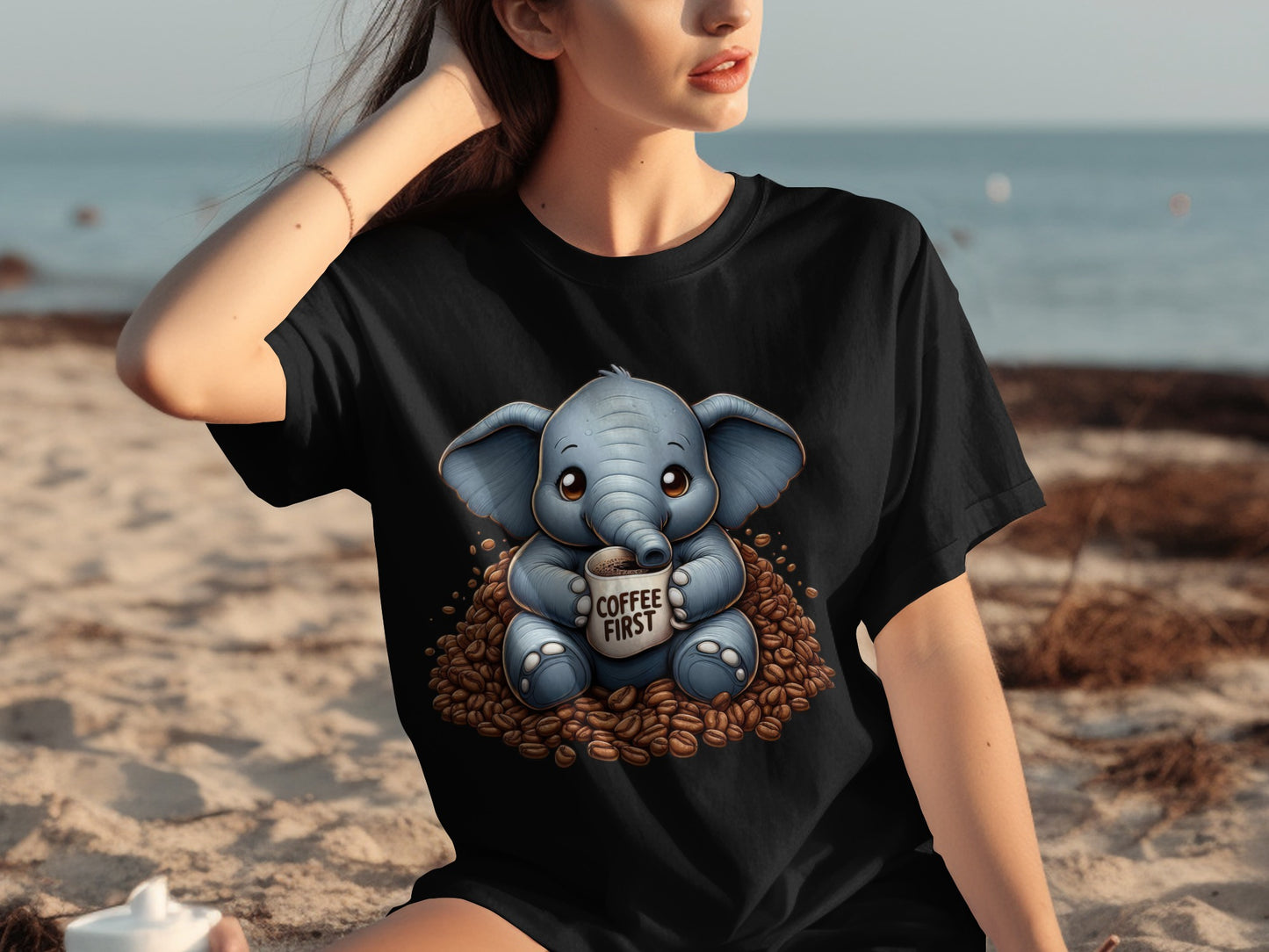Cute Elephant Drinking Coffee First T-Shirt Product