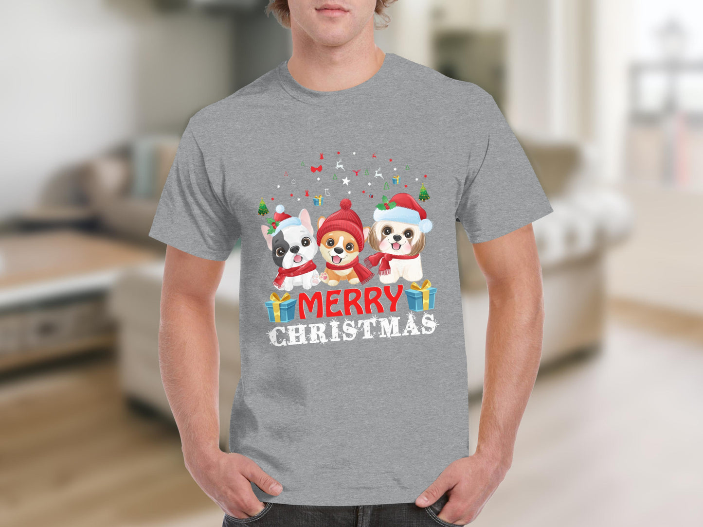 Festive Merry Christmas Cartoon Dog Tee Christmas Shirt