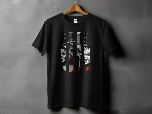 Black t-shirt with horror movie character masks and bloody knives graphic.