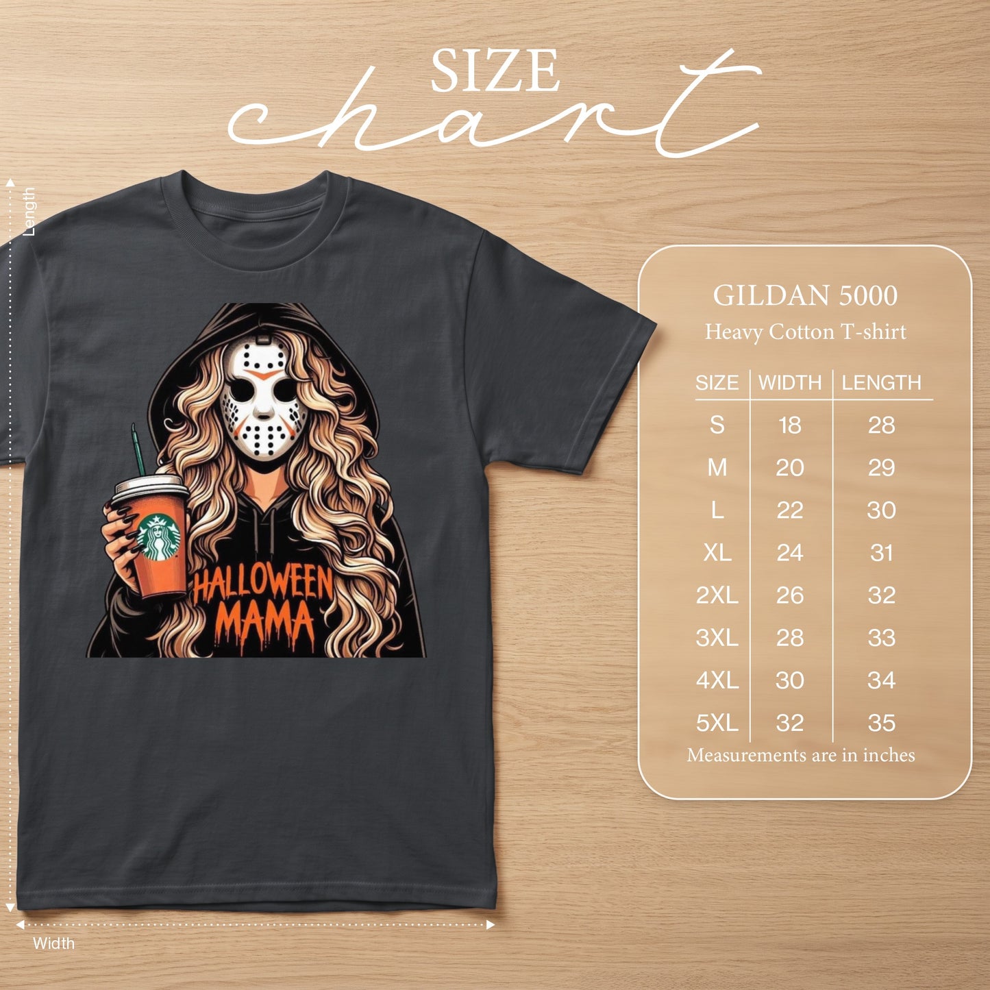 Dark grey t-shirt with "Halloween Mama" graphic, and a size chart.