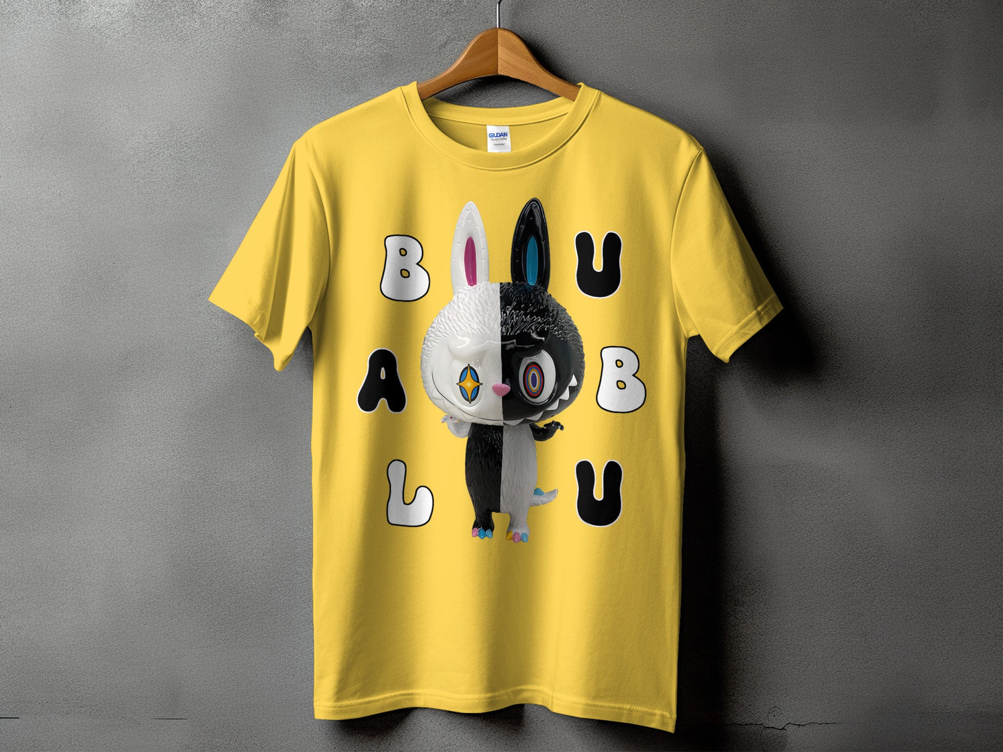 Yellow t-shirt with a split black and white bunny graphic and text.