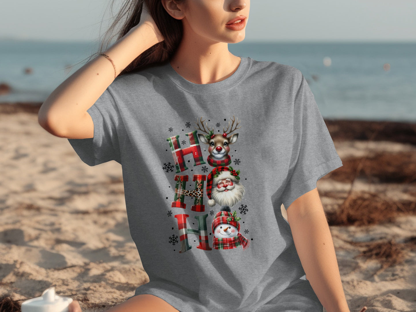 Festive Christmas Ho Ho Ho Tee with Santa and Snowman