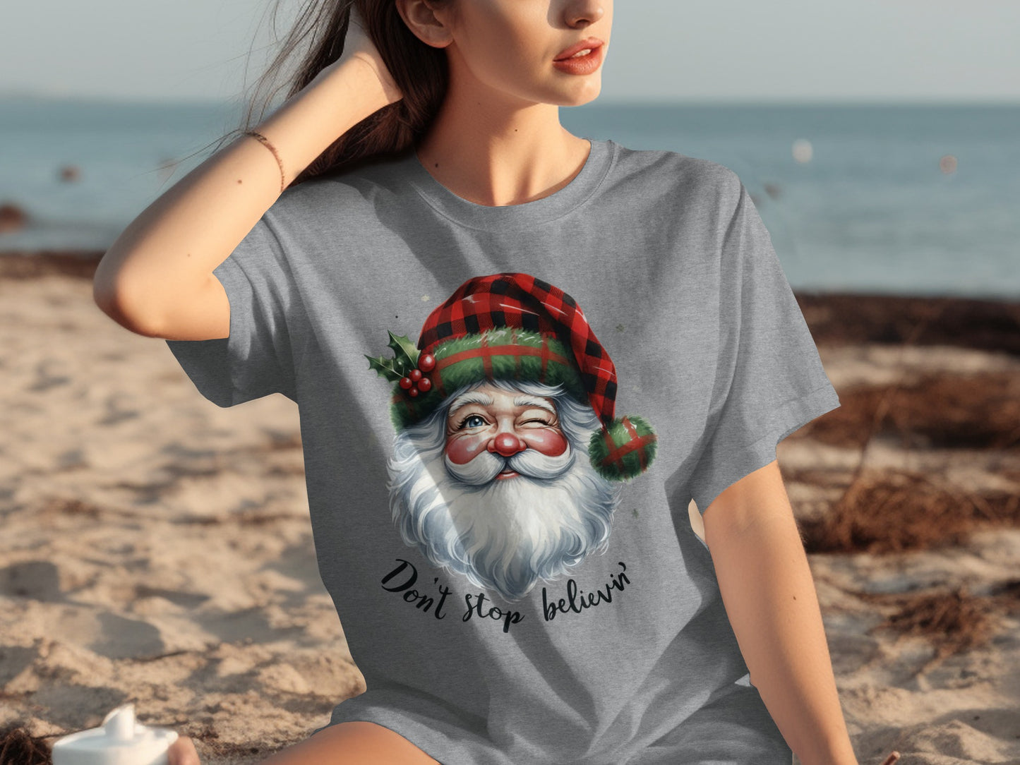 Festive Holiday Don't Stop Believin' Santa T-shirt