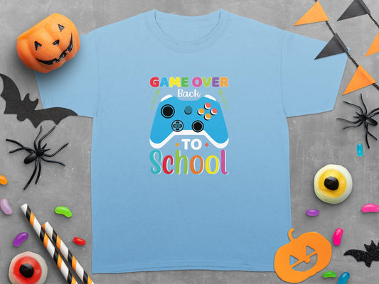 Light blue t-shirt with "Game Over Back To School" and a blue video game controller.
