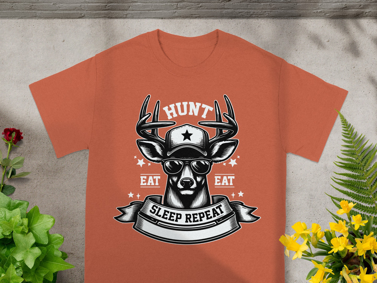 Deer wearing sunglasses and cap with text Hunt, Eat, Sleep, Repeat.