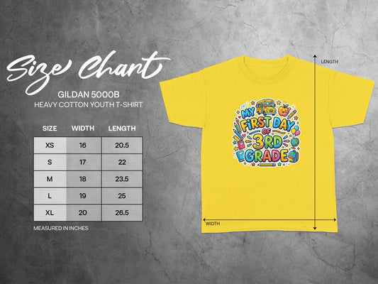 Yellow youth t-shirt with "My First Day of 3rd Grade" graphic and size chart.