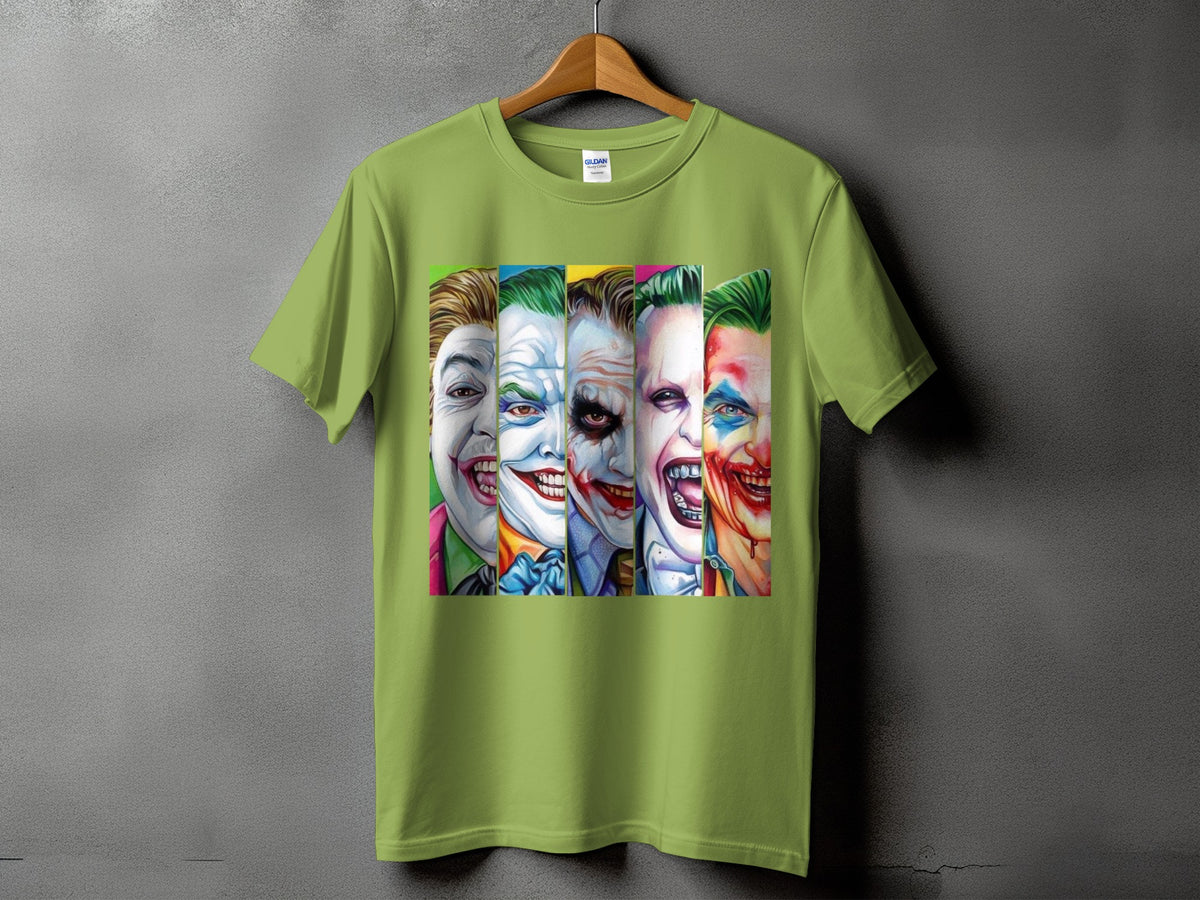 Green t-shirt with a vertical collage of five Joker faces.
