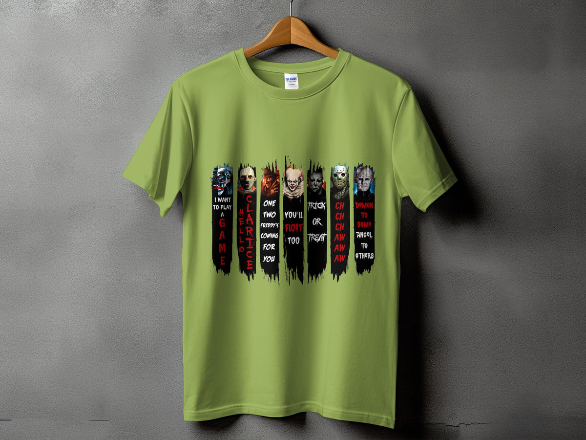 Light green t-shirt with horror characters and text "Hello Game".