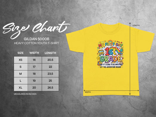 Yellow Gildan 5000B youth t-shirt size chart with "My First Day 1st Grade" graphic.