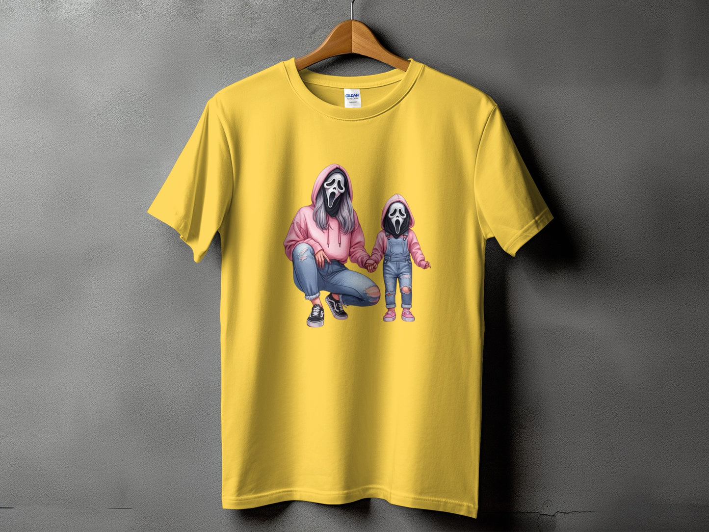 Yellow t-shirt with ghost mask graphic of a mother and child.