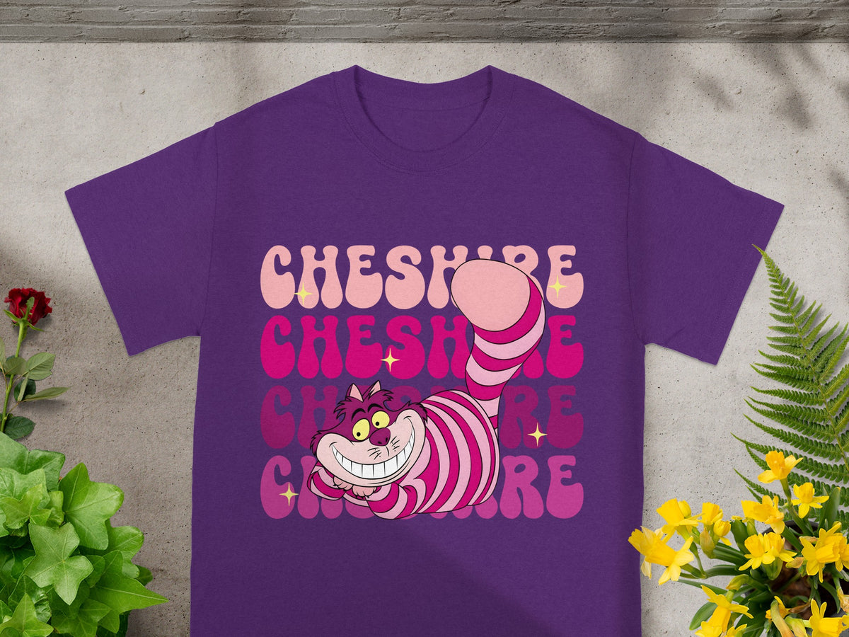 Purple t-shirt with "Cheshire Cat" text and character graphic.