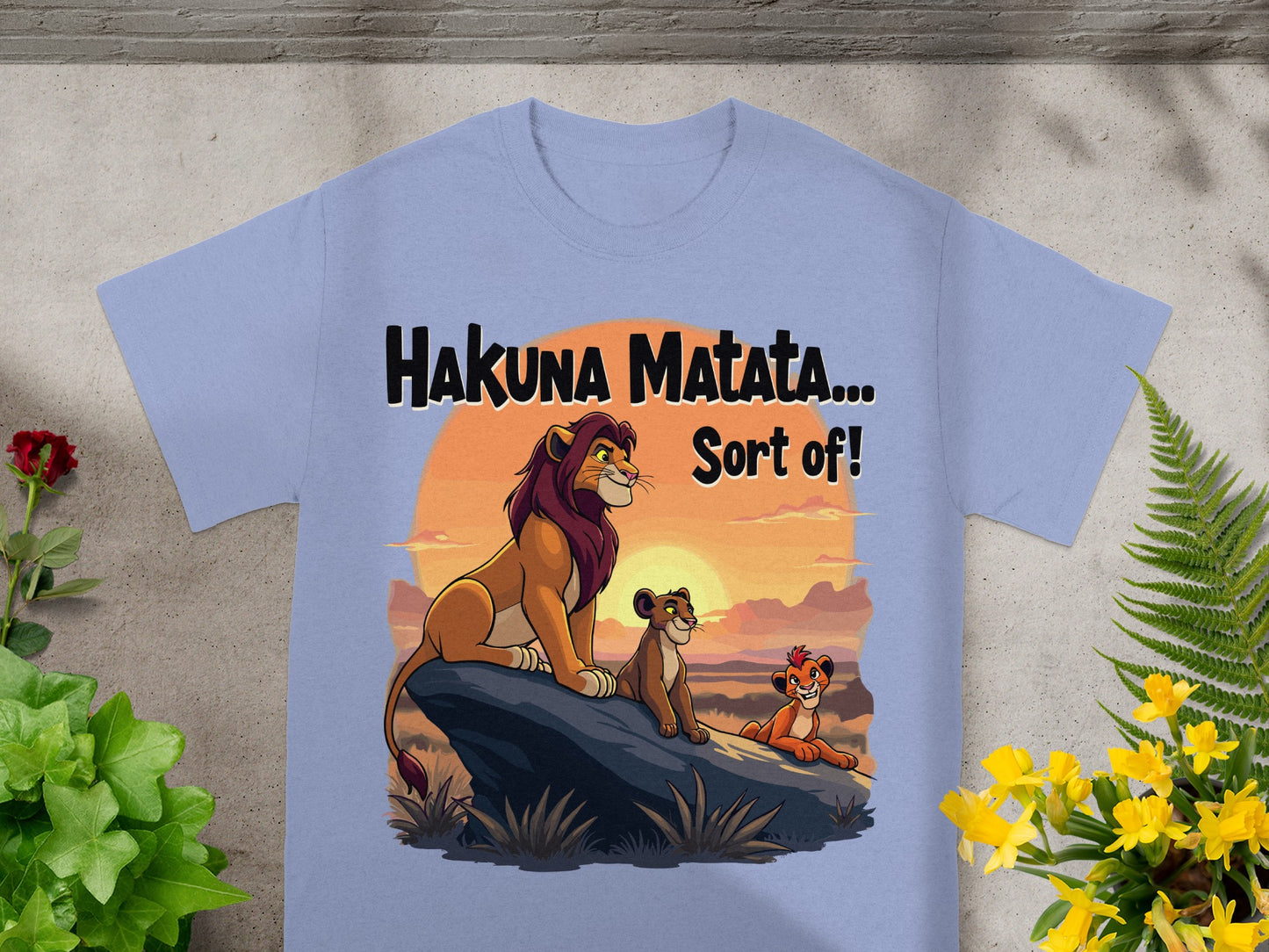 Lion King characters on a t-shirt with "Hakuna Matata... Sort of!" text.