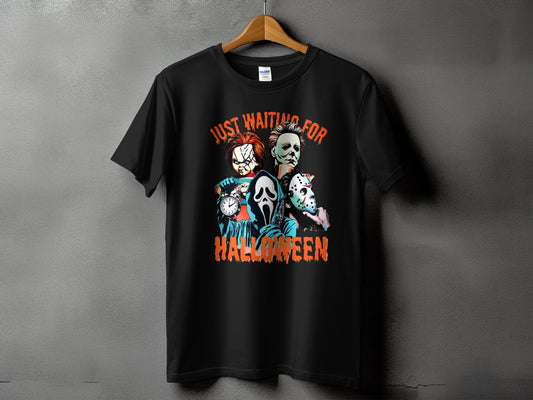 Black t-shirt with "Just Waiting For Halloween" and horror characters design.